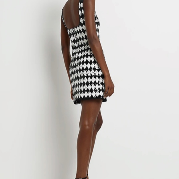 NWT - River Island WHITE CHECK SEQUIN BODYCON MINI DRESS in Black/White Size 12 - Picture 2 of 3